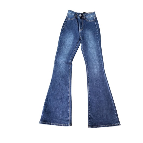 Shein Sxy Flare Leg Jeans High Waist Dark Wash Denim Pants Trendy Size S - Picture 1 of 9